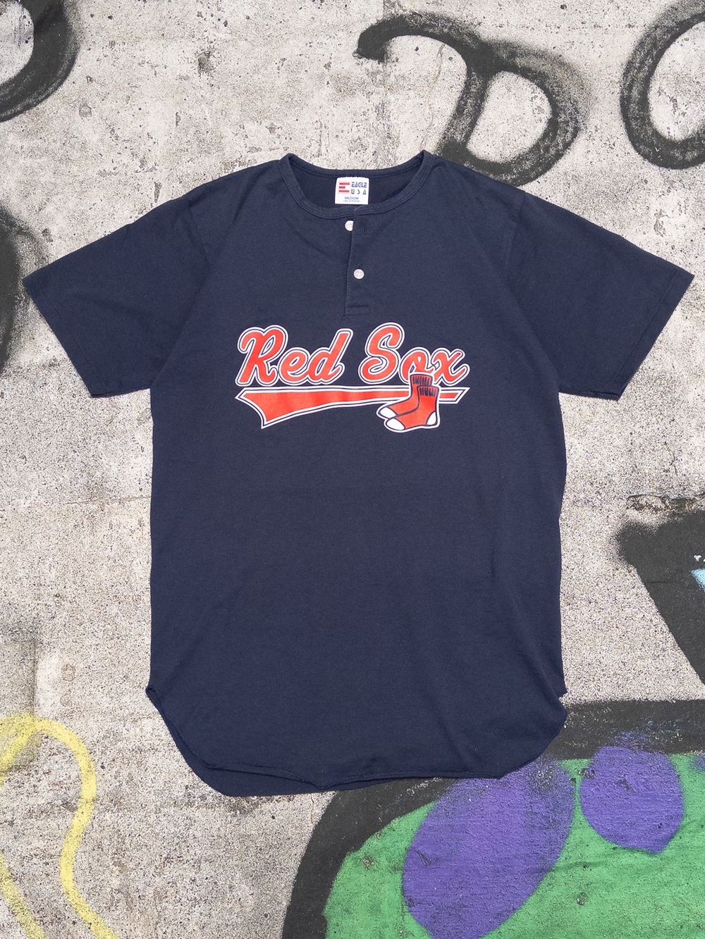 Vtg Single Stitch Eagle USA Boston Red Sox Henley T-Shirt, #10 Graphic, Sz M‎